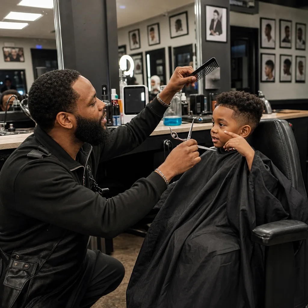 Barber talking with young boy while trimming hair in Newark shop