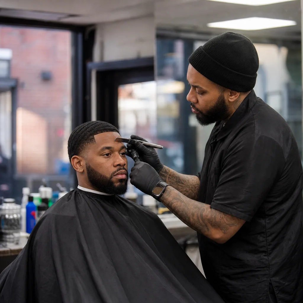 Barber shaping client's hairline with trimmer during line up in Newark barbershop