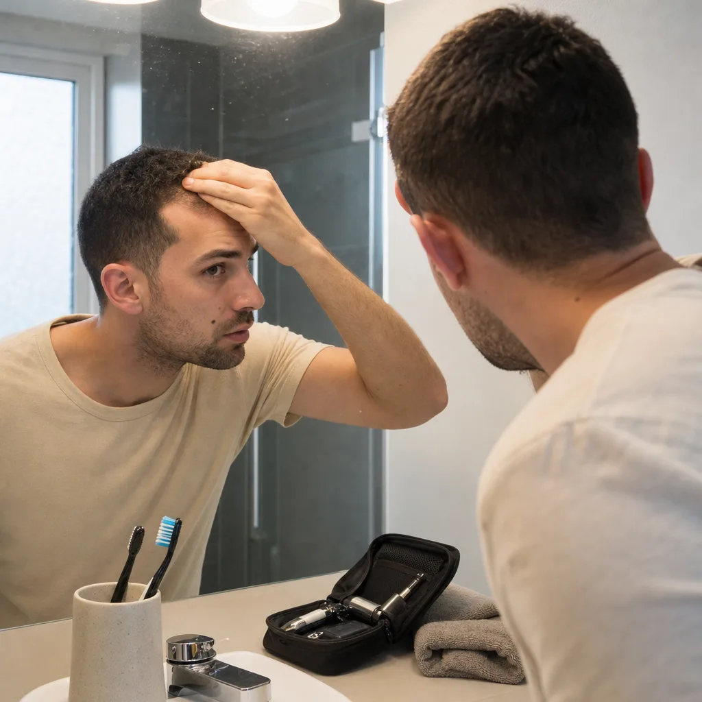Man checking overgrown hairline in bathroom mirror before Newark line up visit