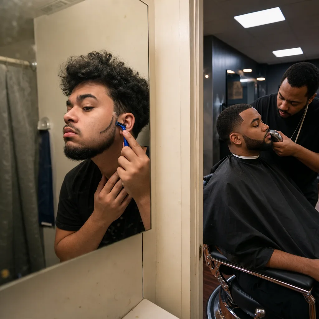Comparison of uneven DIY line up versus clean barbershop edge work in Newark