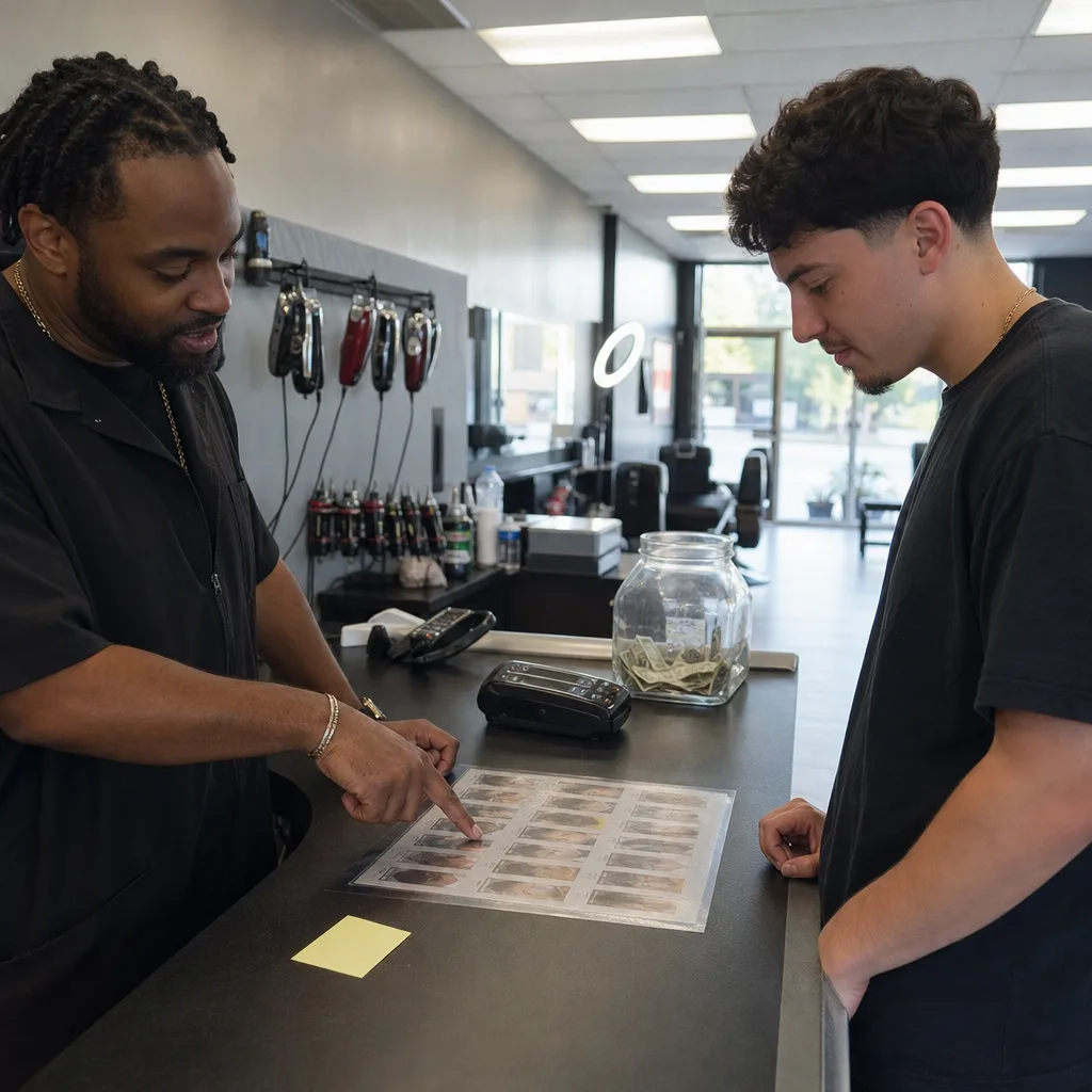 Barber and client reviewing line up pricing chart at Newark barbershop front desk