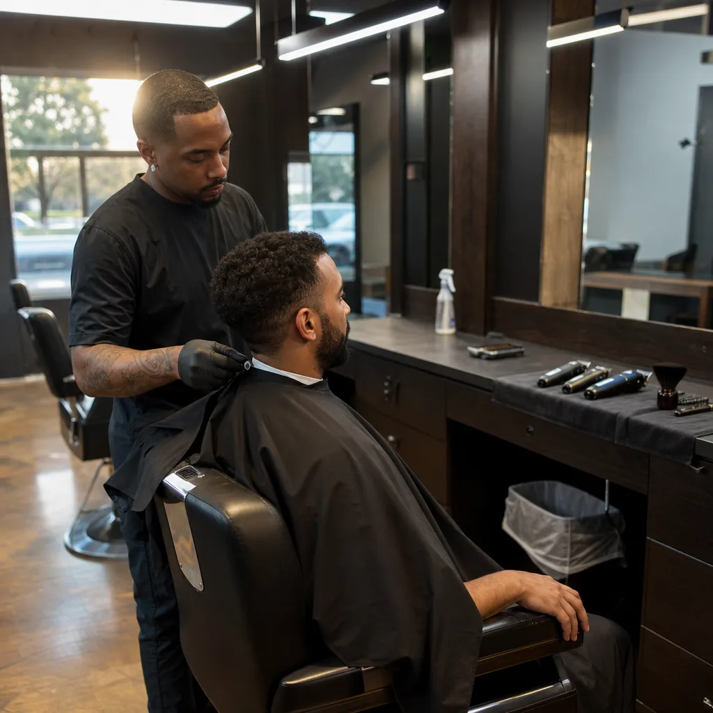 Barber draping cape over client at start of Newark line up appointment
