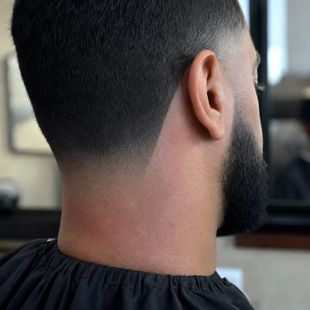 Close-up of freshly shaped clean neckline after Newark barbershop line up service