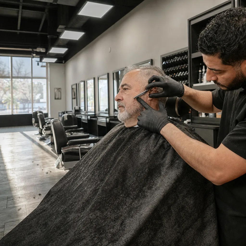 Barber using straight razor to edge sideburn during Newark line up appointment