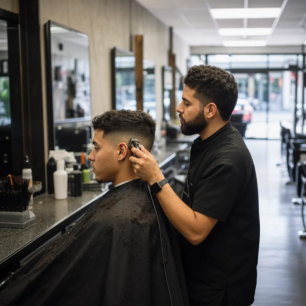 Barber fading a client's haircut with clippers in a Newark barber shop