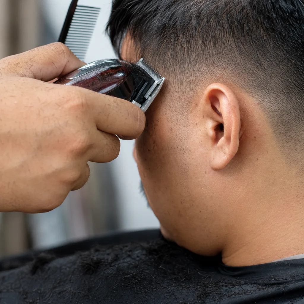 Close-up of clippers fading hair near temple during Newark men's haircut