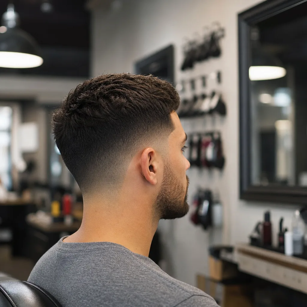 Finished taper fade haircut result at a Newark barber shop mirror