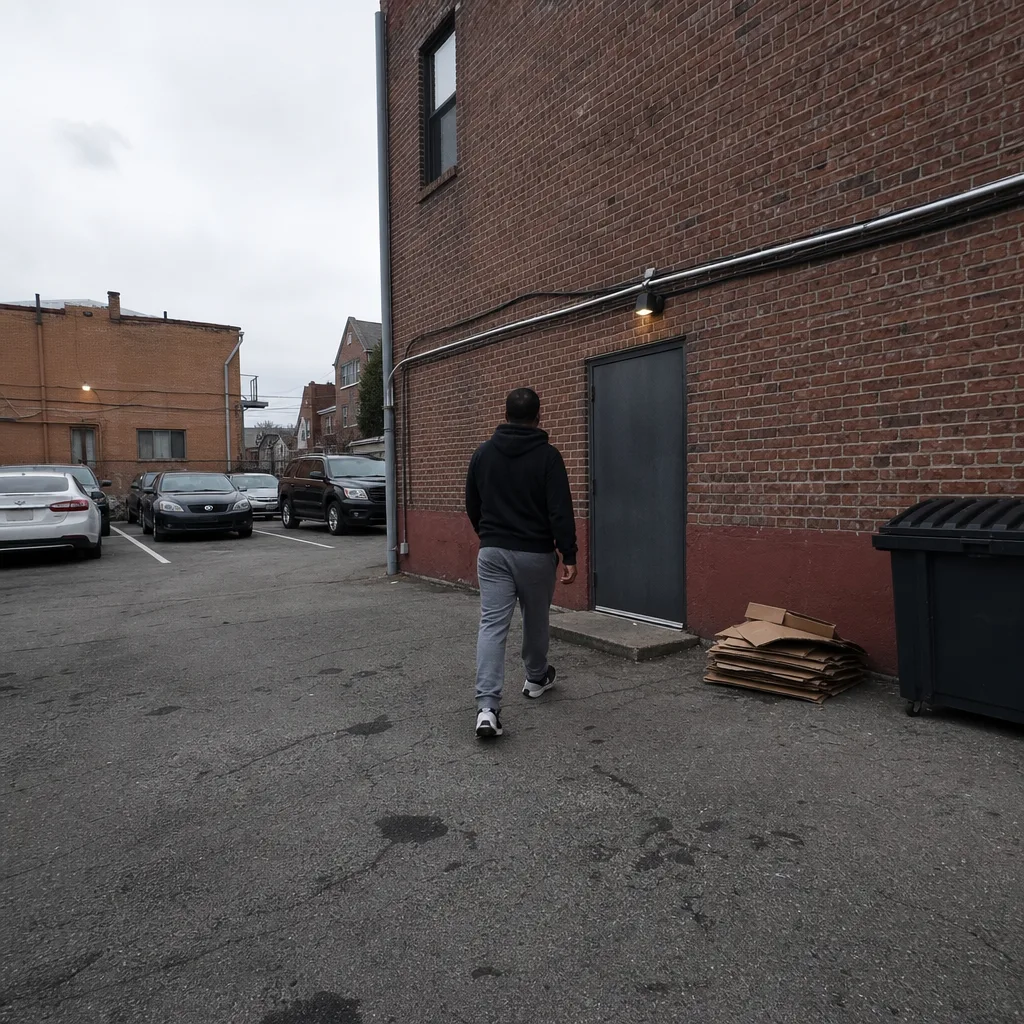 Client entering through back parking lot door of Newark barber shop