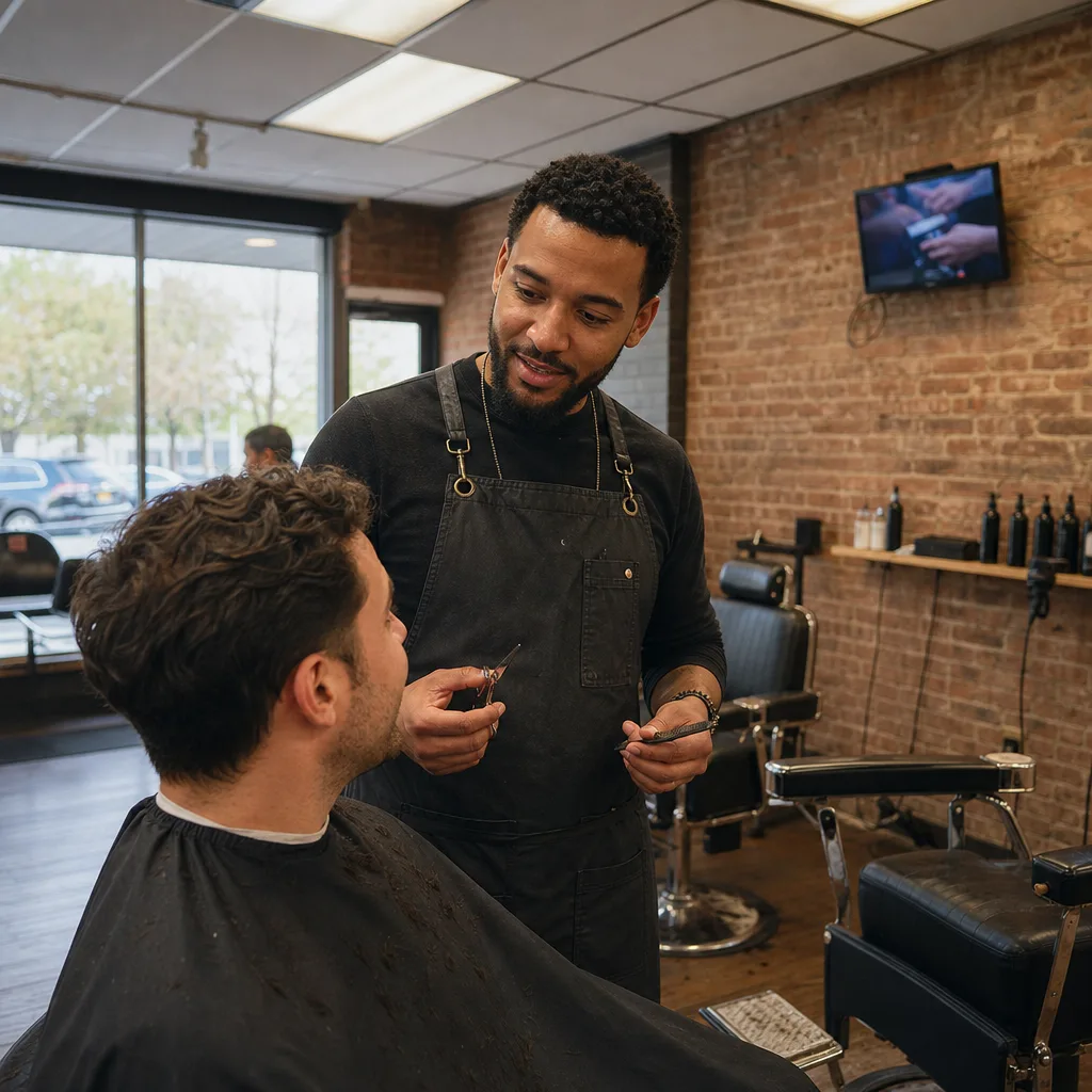 Barber cutting hair with scissors while talking to client in Newark shop