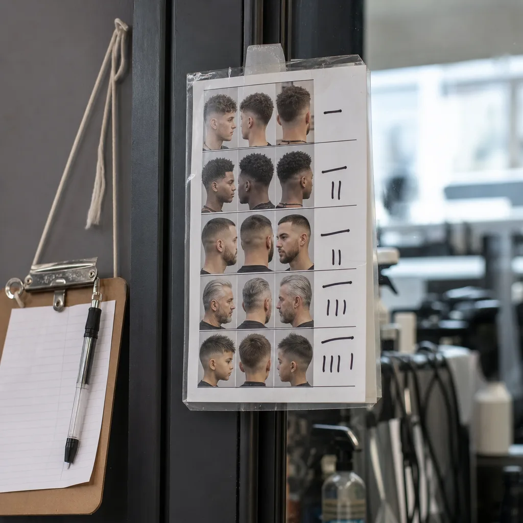 Service tier price list posted near barber mirror station in Newark