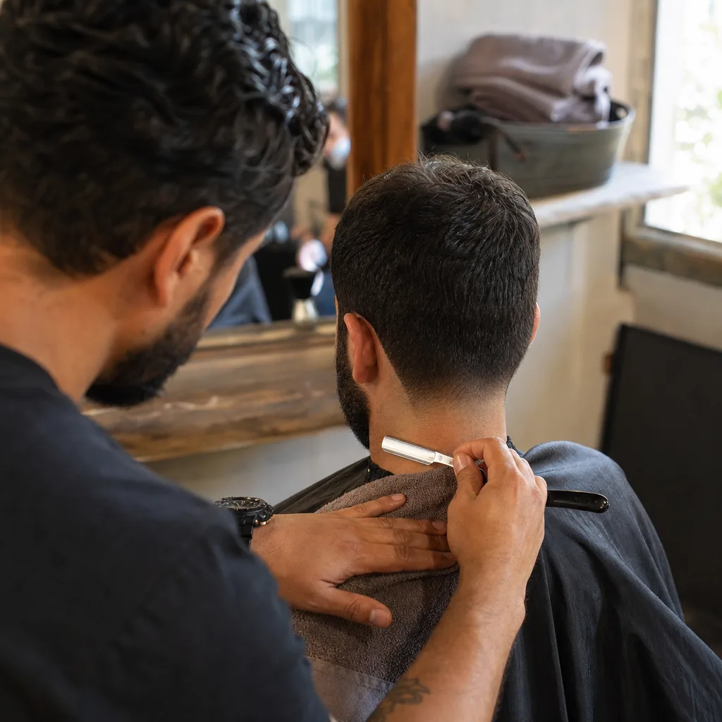 Barber razor lining client's neck hairline during Newark men's haircut